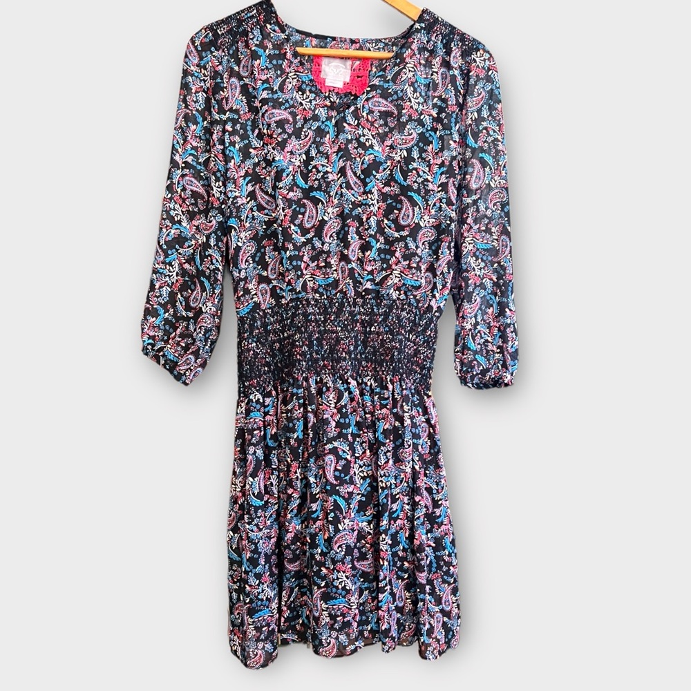 Anthropologie Vanessa Virgina Dress Womens Small Black Floral Smocked Flowy Boho